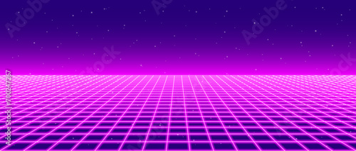Neon wireframe horizon background. Light pink grid room floor in perspective. Glow magenta retro futuristic wallpaper. Abstract checkered plane landscape. Neon game floor surface. Vector backdrop photo