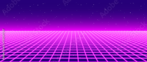 Neon wireframe horizon background. Light pink grid room floor in perspective. Glow magenta retro futuristic wallpaper. Abstract checkered plane landscape. Neon game floor surface. Vector backdrop