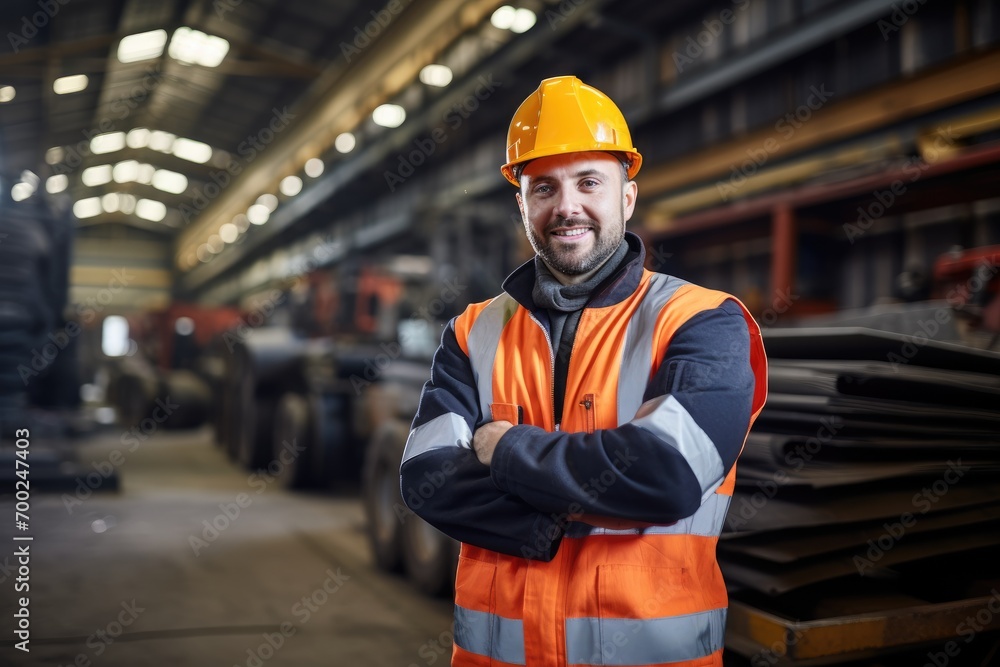 Portrait of a young worker in a hard hat at a large metalworking plant Portrait of a young worker in a hard hat at a large metalworking plant
