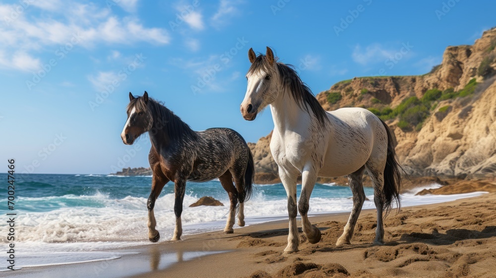 Fototapeta premium Horses on the beach in Algarve region, Portugal.