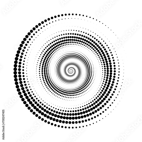 Dotted spiral lines element. Radial helix halftone form. Circle swirl dots shape. Spinning geometric wheel for poster, banner, logo, icon, collage, presentation, booklet. Vector optical art