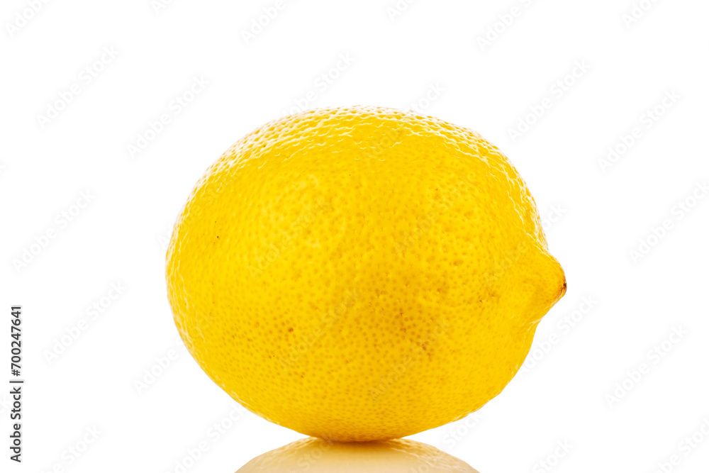 One yellow juicy lemon, macro, isolated on white background. One yellow juicy lemon, macro, isolated on white background.