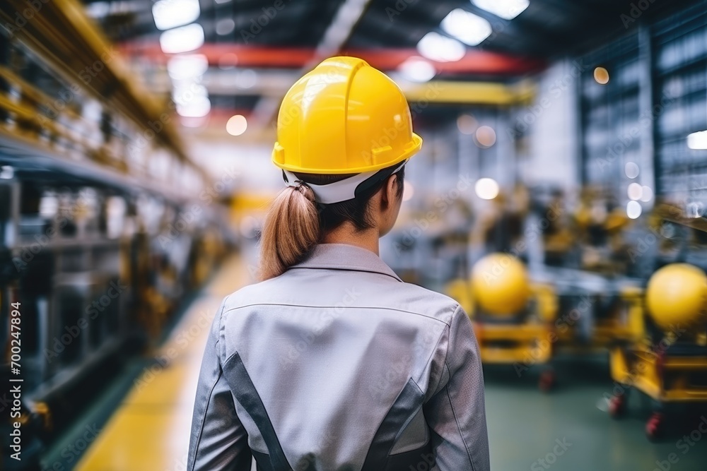 Rear view of businesswoman in a suit with a helmet and a ponytail in a car factory with modern machinery Rear view of businesswoman in a suit with a helmet and a ponytail in a car factory with modern machinery