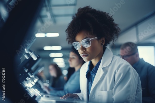 Realistic film still of a young black woman, emerges with a white coat and goggles on her forehead. 