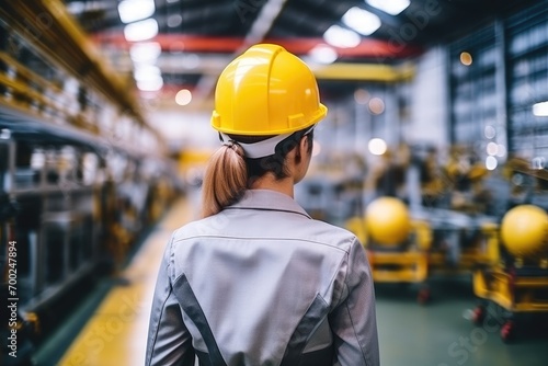 Rear view of businesswoman in a suit with a helmet and a ponytail in a car factory with modern machinery