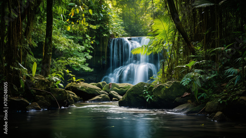 A cascading waterfall hidden in a lush and remote jungle surrounded by vibrant foliage and the soothing sound of flowing water.