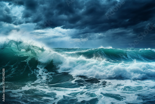 Sea Storm view, waves with foam in storm, seascape, sea or ocean under dark blue clouds, turquoise colour of water. Mountains coastline. Big Waves. © Andrii IURLOV