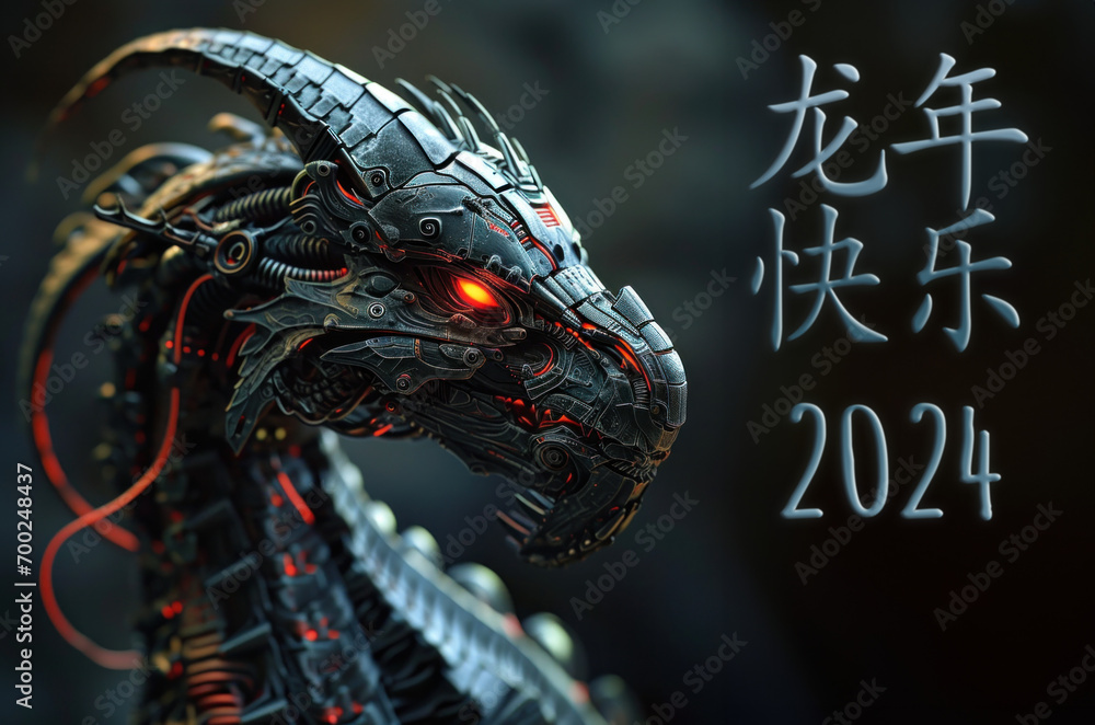 Fototapeta premium carte de vœux 2024 d'un dragon robot futuriste pour le nouvel an chinois, texte en chinois