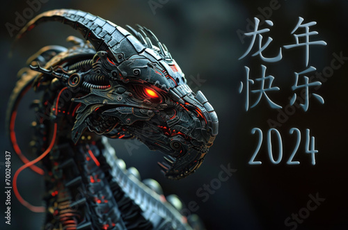 carte de vœux 2024 d'un dragon robot futuriste pour le nouvel an chinois, texte en chinois 