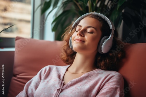 Woman laying on the sofa with head phone during meditation, realistic photo, 8k, smiling, happy, relaxed