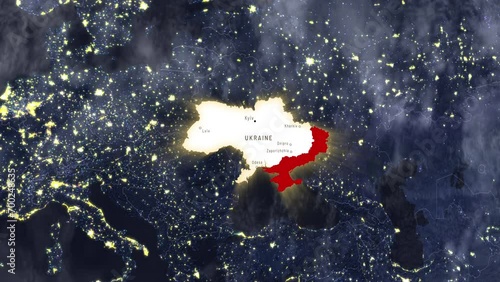 Ukraine highlighted on a night world map, featuring major cities' names; occupied territories marked in red. Camera dynamically zooms out, revealing the geopolitical context. photo