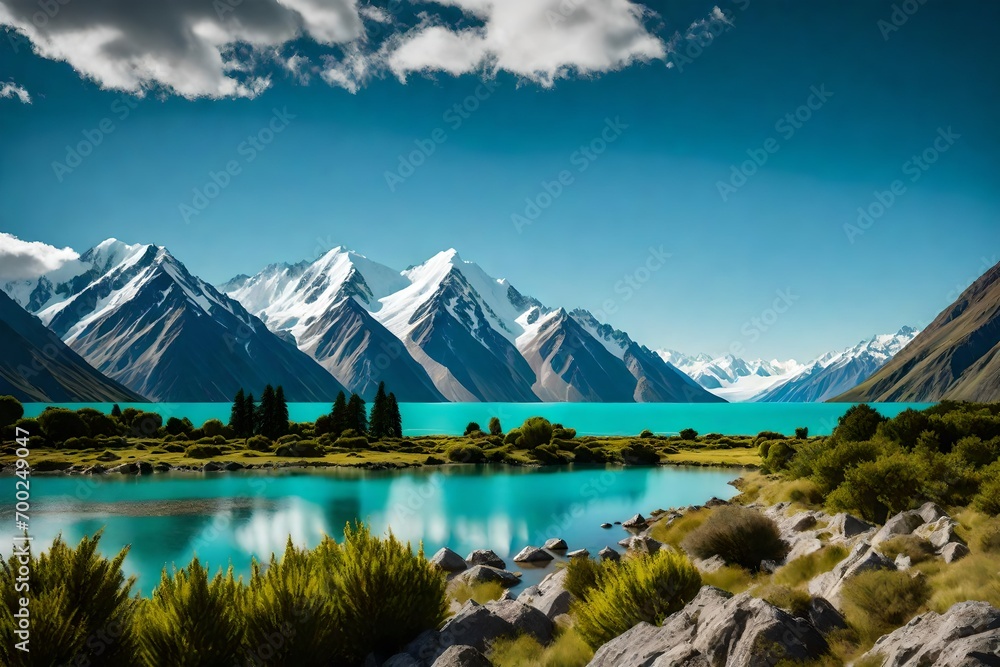 Naklejka premium lake in the mountains, Beautiful scene of Mt Cook in summer beside the lake with green tree and blue sky. New Zealand stock photo