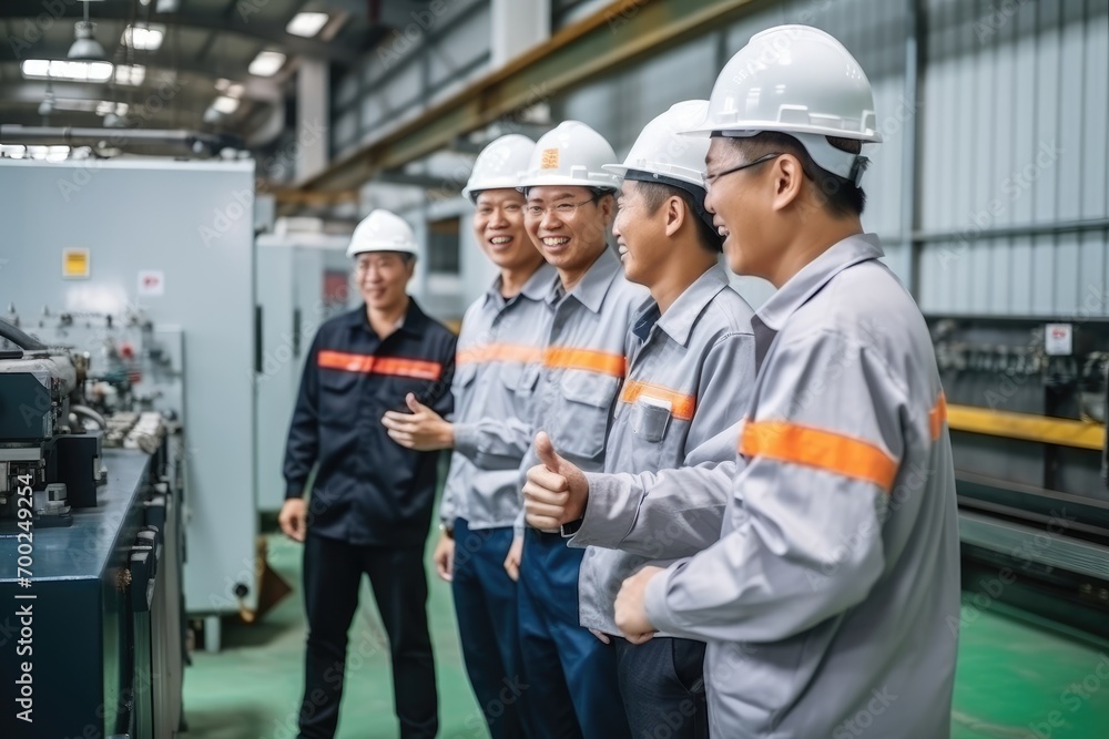 Several chinese engineers wearing gray uniform and safety helmet standing in line with thumbs up with background of diesel generators factory workshop. a clean, Several chinese engineers wearing gray uniform and safety helmet standing in line with thumbs up with background of diesel generators factory workshop. a clean,