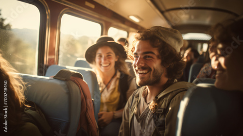 A group of friends embarking on a cross-country bus adventure with backpacks maps and a sense of wanderlust. © Gabriel