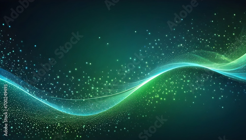 Digital light blue and light green particles wave and light abstract background with shining dots stars.