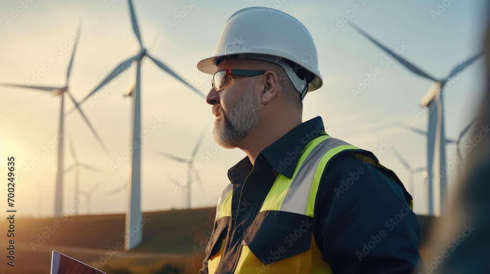 Technician discussing with engineers over wind turbines super realism realistic 8k resolution hight resolution sharp photo volumetric light. Technician discussing with engineers over wind turbines super realism realistic 8k resolution hight resolution sharp photo volumetric light.