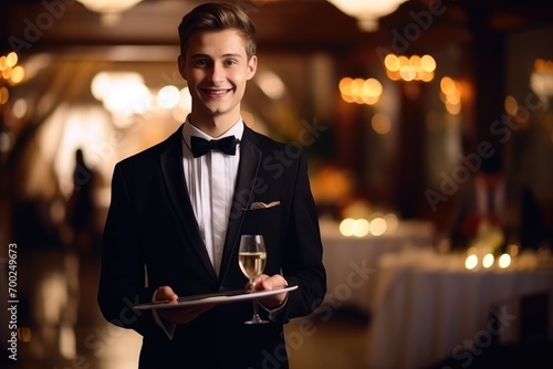 The host of etiquette greeted the guests with a smile, appropriate gestures and elegant manners, long exposure photography, Two-dimensional