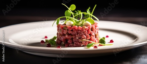 Front-focused, shallow depth of field captures loin beef tartare on white plate with parsley atop. photo