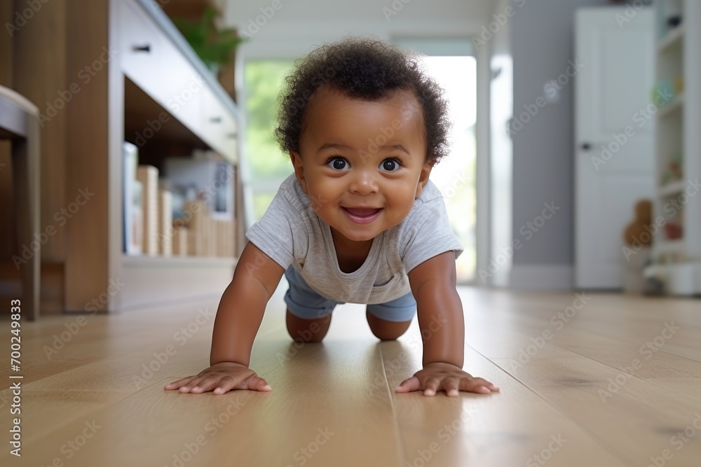 Toddler Crawl. Portrait of cute little african American baby toddler crawl make first steps on home wooden floor. Small biracial newborn infant child learn walking play indoors.  - obrazy, fototapety, plakaty 