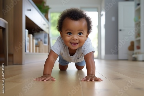 Toddler Crawl. Portrait of cute little african American baby toddler crawl make first steps on home wooden floor. Small biracial newborn infant child learn walking play indoors.  photo