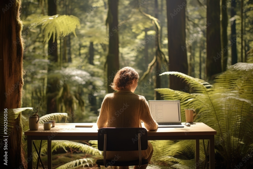 Very Wide shot of a Native New Zealand Forest. Tree ferns. Daylight and sunshine. In a clearing sits a small mid-century modern desk. Simple symmetrical composition. b