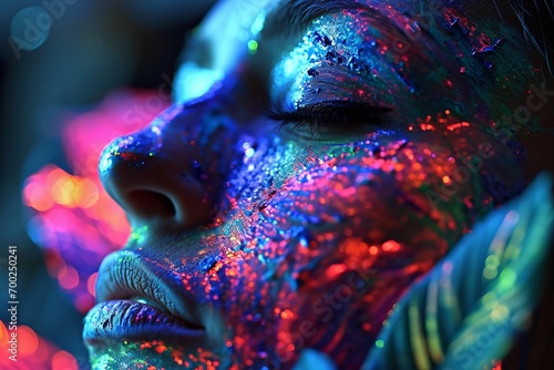 Neon Painted Woman in Enchanted Slumber. Woman's face adorned with neon paint, eyes closed.