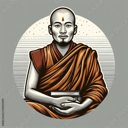 Illustration of a meditating monk holding a book on a gray background: perfect for themes of spirituality, meditation, and knowledge.