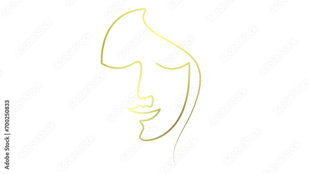 Animated golden linear face of a woman is gradually drawn. Head of beautiful girl from ribbon. Single line. Concept of beauty. Looped video. Vector linear illustration isolated on white background. Animated golden linear face of a woman is gradually drawn. Head of beautiful girl from ribbon. Single line. Concept of beauty. Looped video. Vector linear illustration isolated on white background.