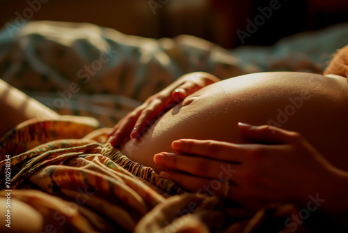 Wallpaper Mural Expectant mother feeling baby kick, anticipating birth at home.
 Torontodigital.ca