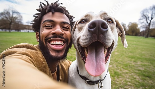 Young happy man taking selfie with his dog in a park , Smiling guy and puppy having fun together outdoor , Friendship and love between humans and animals photo