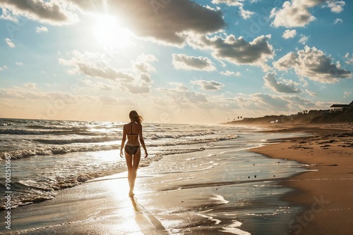 femme de dos seule en maillot de bain sur la plage face au soleil