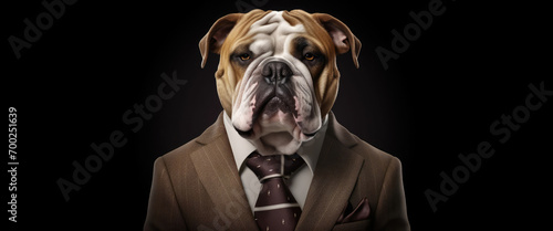 dog American bulldog director, boss in elegant business suit, white shirt brown tie. Large portrait dark background, horizontal orientation postcard. Fantastic business concept. Commercial banner