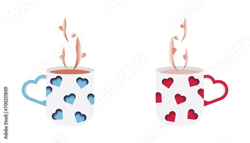 Couple mugs with red and blue hearts in paper cut style. Cups for hot drink. Vector illustration photo