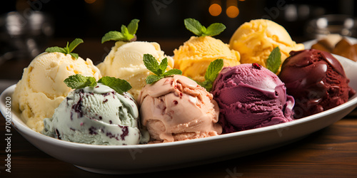 A row of colorful ice creams with different flavors on them Medium shot a bowl of gelato scoops of different flavors various flavors of ice cream scoops arranged on a dark stone background.