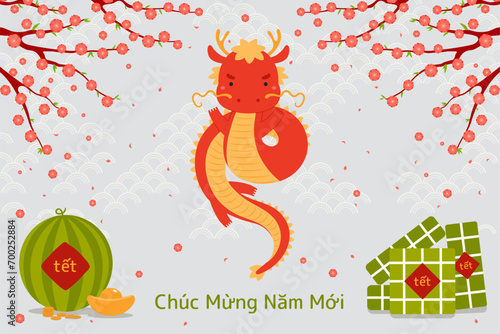 2024 Lunar New Year Tet cute dragon, rice cakes, watermelon, gold, peach blossoms, Vietnamese text Happy New Year. Hand drawn vector illustration. Flat style design. Holiday card, banner concept