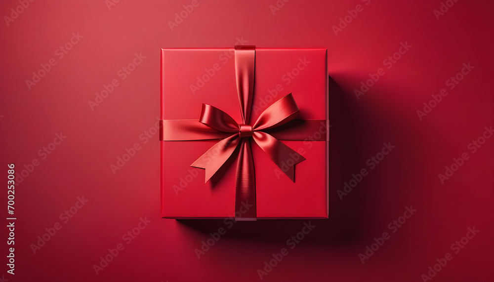 Red gift box  with ribbon top view and red background. Ai Generative 