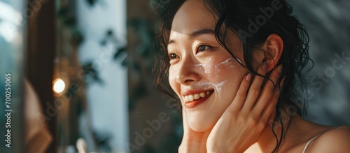 Happy Asian woman admiring her reflection in the mirror, caressing her face with makeup, maintaining her skincare routine at home, radiating natural beauty.