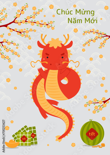 2024 Lunar New Year Tet cute dragon, rice cakes, watermelon, gold, apricot blossoms, Vietnamese text Happy New Year. Hand drawn vector illustration. Flat style design. Holiday card, banner concept