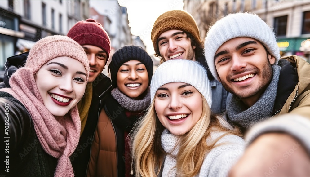 Happy friends group wearing winter clothes taking selfie walking on city street , Cheerful young people hanging outside enjoying winter holidays , Friendship with guys and girls laughing loud Happy friends group wearing winter clothes taking selfie walking on city street , Cheerful young people hanging outside enjoying winter holidays , Friendship with guys and girls laughing loud
