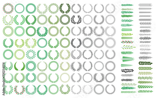 Set of laurel wreaths and branches with colorful leaves. Hand drawing laurel wreaths and branches collection. Vector illustration.