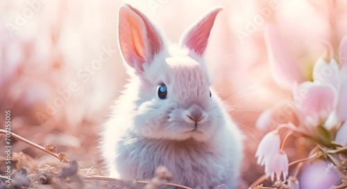 blue-eyed bunny nestled among pink flowers with a soft, glowing background. photo