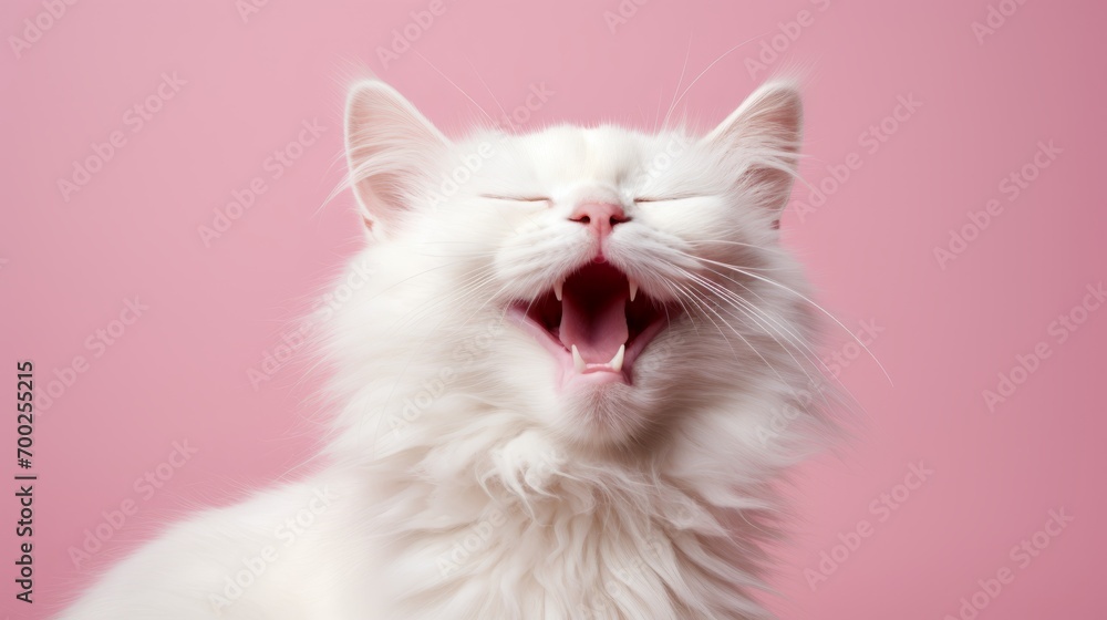 white cat with closed eyes on a pink color background, big sales