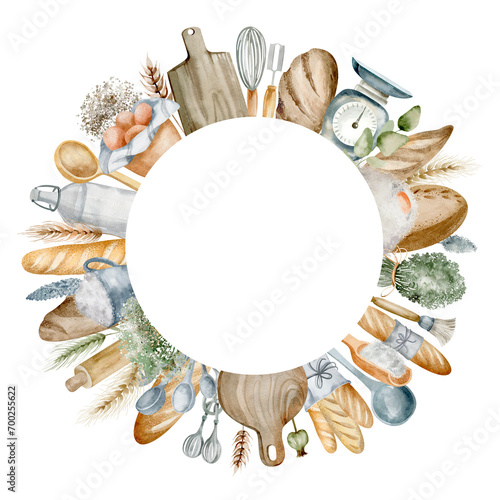 A charming watercolor round frame filled with assorted rustic kitchen utensils and a freshly baked loaf of bread. Ideal for adding a touch of homespun warmth to any design project.