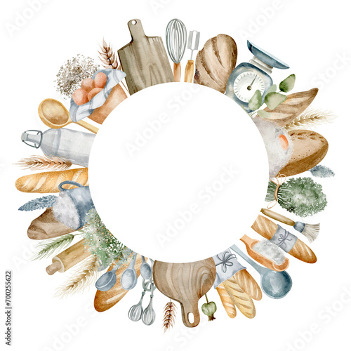 Obraz na plátně A charming watercolor round frame filled with assorted rustic kitchen utensils and a freshly baked loaf of bread