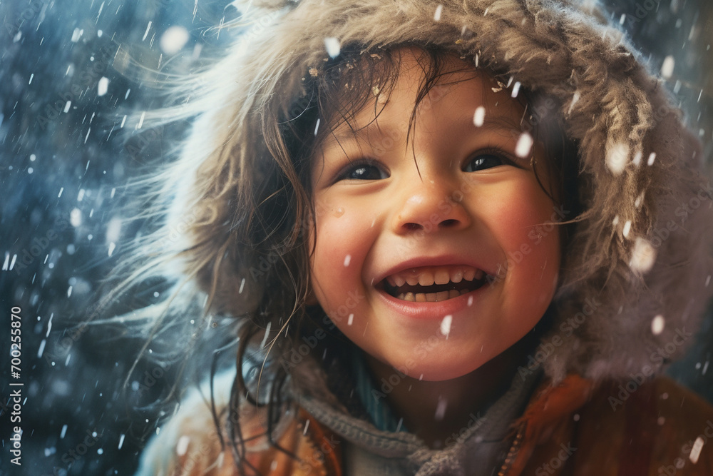 A Child's Smiling Face While Playing in Falling Snowflakes, up-close A Child's Smiling Face While Playing in Falling Snowflakes, up-close