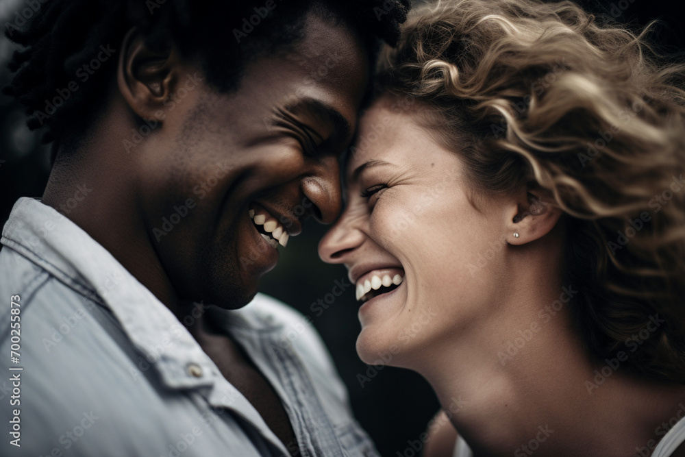 Joyful Couple's Close-Up Faces in Love and Laughter, Up-close, Smiling Joyful Couple's Close-Up Faces in Love and Laughter, Up-close, Smiling