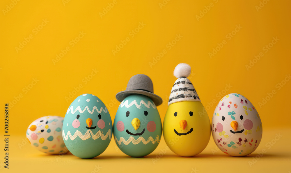 colorful easter eggs with cheerful faces ,family on yellow background