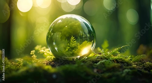 A crystal ball resting on moss in the forest, reflecting the surrounding ferns and greenery with sunlight flares. photo