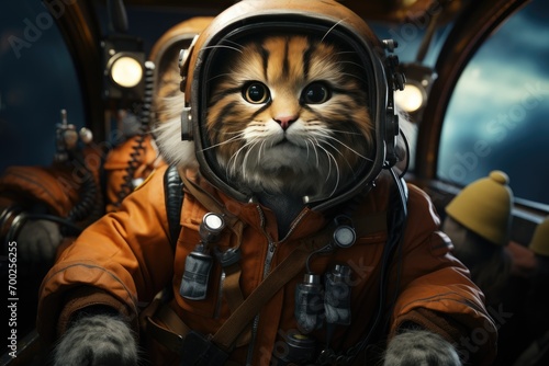 Cats dressed in a pilot costume flying in an aircraft.