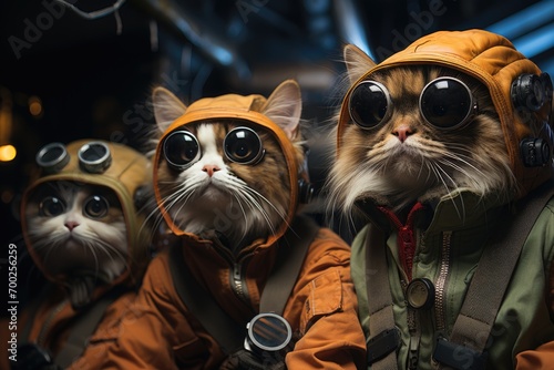 Cats dressed in a pilot costume flying in an aircraft.